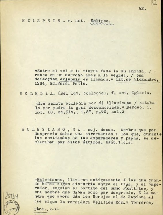 Diccionario de castellano antiguo, 1933 — entradas Eclesia y Eclesiano